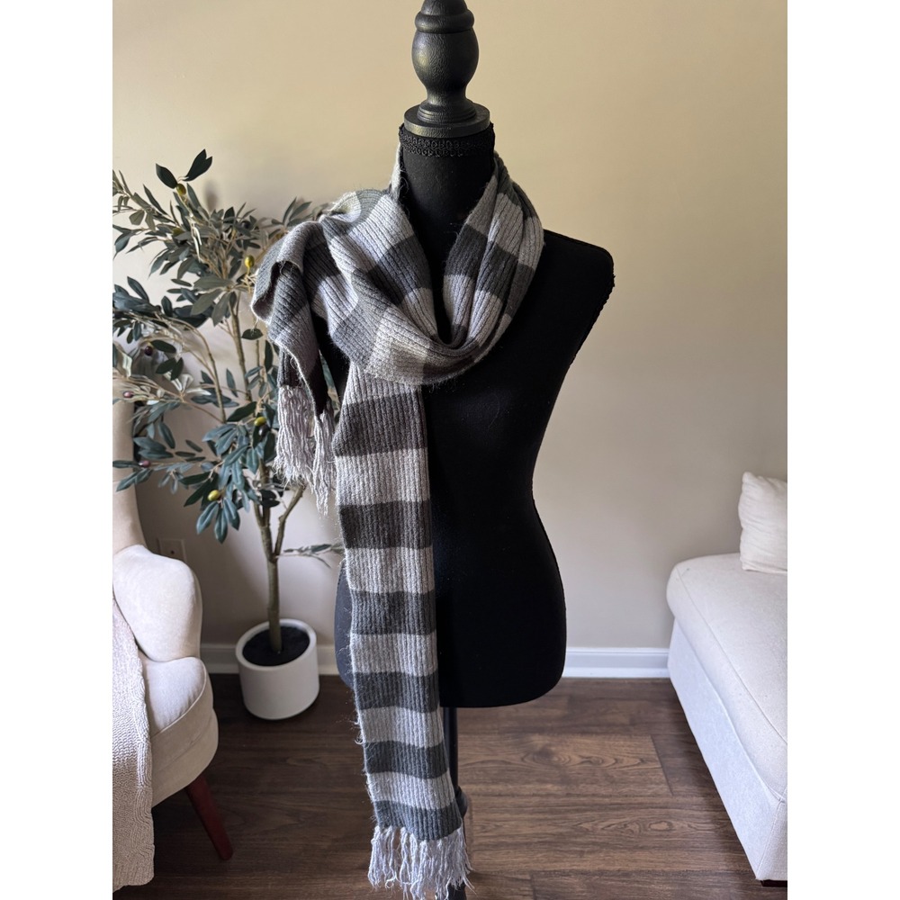 Grey Striped Ribbed Knit Scarf Fringed Winter Neck Warmer Charcoal Neutral